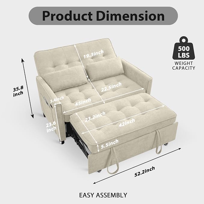 3 in 1 Convertible Sofa Bed, Pull Out Couch with Side Pocket, Sleeper Sofa with Adjustable Backrest | USB Charging Port | Two Pillows | Fabric | Ivory