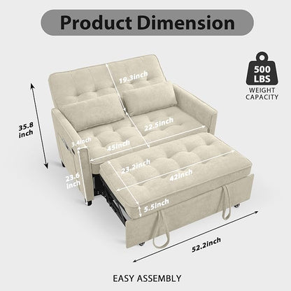 3 in 1 Convertible Sofa Bed, Pull Out Couch with Side Pocket, Sleeper Sofa with Adjustable Backrest | USB Charging Port | Two Pillows | Fabric | Ivory
