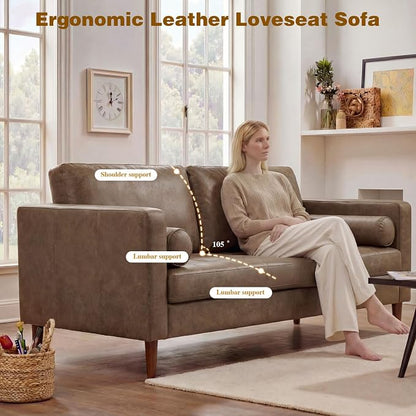 70" Mid-Century Modern Sofa Couch – Faux Leather Loveseat Sofa with Deep Seat & Solid Wood Frame – Includes 2 Accent Pillows –Dark Brown Living Room Bedroom Office