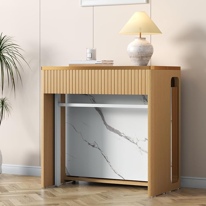 Extendable Dining Table, Transformer Folding Console Table for 2-8 People, 17"-112" Space Saving Dining Room Table, Wood White Faux Marble Dining Table, Kitchen and Dining Room Furniture (No Chairs)