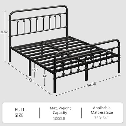 zunatu Full Size Metal Platform Bed Frame/Victorian Style Headboard and Footboard/Steel Slat Support/Easy Assembly/No Box Spring Needed/Underbed Storage/Noise Free/Black