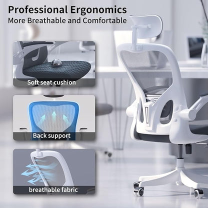 Monhey Ergonomic Office Chair, 90°-125° Tilt Back Home Desk Chair with 360° Swivel & Mute Wheels, High Back Mesh Computer Chair for Adults with Lumbar Support, 330 LBS Capacity(02White+Grey)