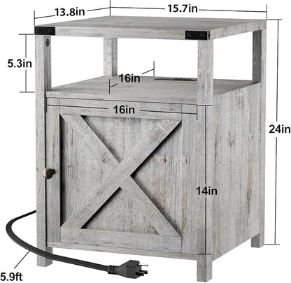 Farmhouse Nightstand Set of 2 with Charging Station, Rustic End Table Bedroom with Storage Living Room Side Table Grayish White Night Stand Industrial Bedside Table