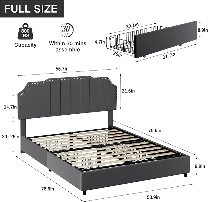 VECELO Full Bed Frame with 4 Storage Drawers & Upholstered Platform &Tufted Adjustable Headboard/Mattress Foundation/Wood Slat Support,Easy Assembly,Dark Grey