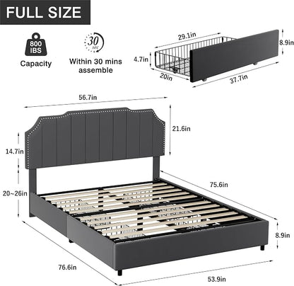 VECELO Full Bed Frame with 4 Storage Drawers & Upholstered Platform &Tufted Adjustable Headboard/Mattress Foundation/Wood Slat Support,Easy Assembly,Dark Grey