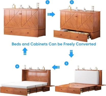 PUREMIND Queen Murphy Bed, Hideaway Murphy Cabinet Bed with 2 Storage Drawers, Space-Saving Chest Beds with USB Charging Ports and Headboard for Bedroom, Guest Room