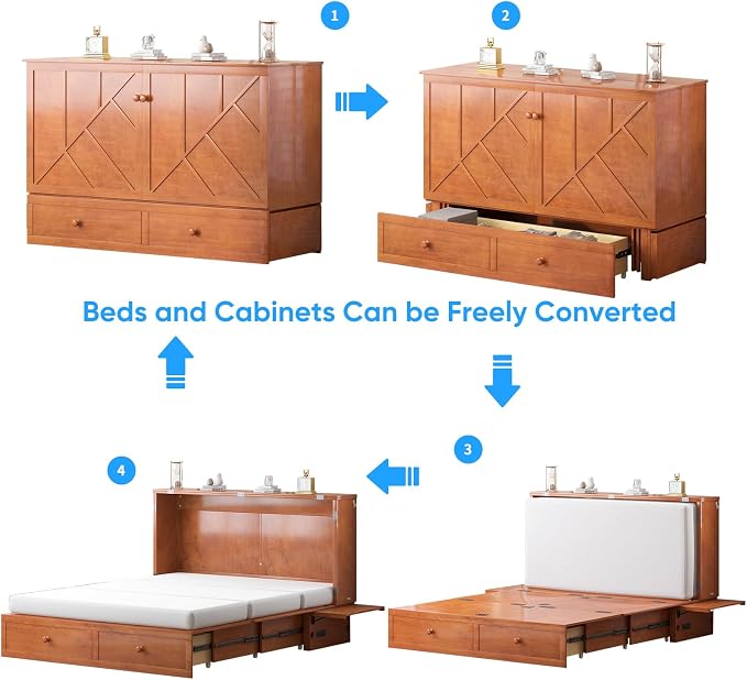 PUREMIND Murphy Bed Queen with Mattress Included, Multi-Functional Hideaway Cabinet Bed with 2 Storage Drawers, USB Charging Ports & Headboard, Space-Saving Chest Wallbed Beds for Guest Room, Cherry