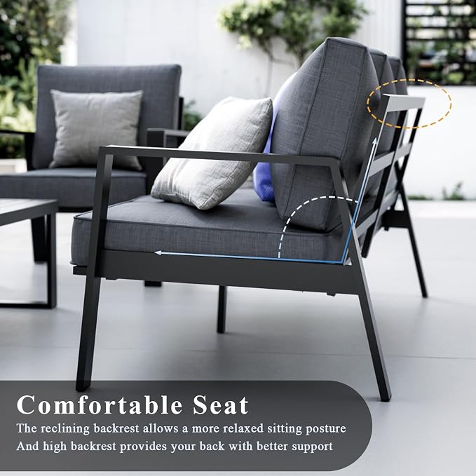 Outdoor Couch 3-Seat All-Weather Metal Outdoor Sofa Wite Outdoor Coffee Table (Black/Dark Grey, 3-Seat Sofa+ Coffee Table)