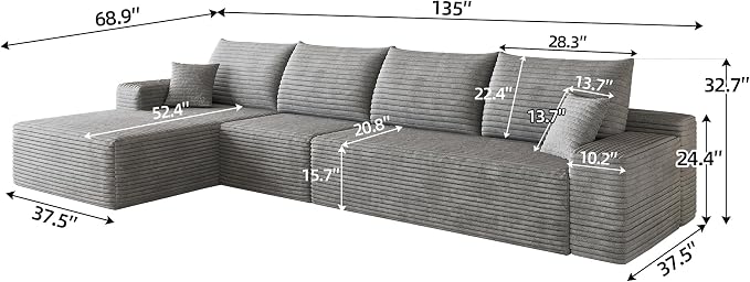 135" Oversized Cloud Sectional Couch Boneless Sofa for Living Room, Fluffy Corduroy Corner Couch with Deep Seat, Compressed Modular Sectional Sofa with L-Shaped Chaise, No Assembly Required