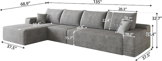 135" Oversized Cloud Sectional Couch Boneless Sofa for Living Room, Fluffy Corduroy Corner Couch with Deep Seat, Compressed Modular Sectional Sofa with L-Shaped Chaise, No Assembly Required