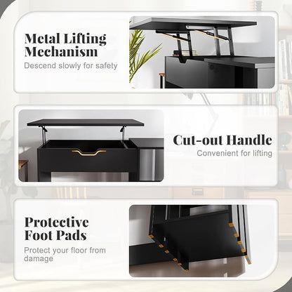 Tangkula Computer Desk with Lift Top, Space Saving Standing Desk with Hidden Compartment and Open Storage Shelves, Study Writing Desk with Lifting Mechanism, Black