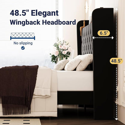 Allewie Full Size Bed Frame, Storage Headboard with Charging Station, Wingback Velvet Upholstered, Diamond Stitched Button Tufted, Sturdy Wooden Slats, No Box Spring Needed, Easy Assembly, Black