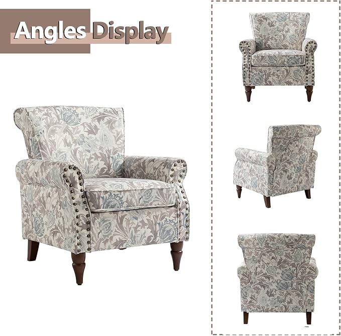 HULALA HOME Modern Wingback Accent Chairs Set of 2 with Wood Legs & Removable Cushion, Comfy Upholstered Armchairs with Nailhead Trim, Floral Pattern Single Sofa Chairs for Living Room Bedroom, Grey