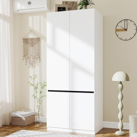 White Armoire Wardrobe Closet: 74" Wooden Wardrobe Closet with 2 Doors, Bedroom Armoires with Hanging Rod, Tall Closets Cabinet for Hanging Clothes (31.5")