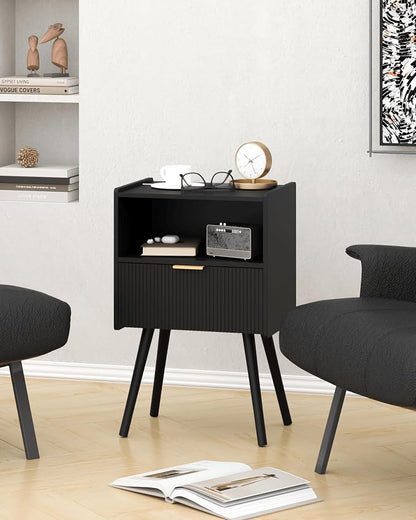 JOONEE Black Nightstand,Modern Bedside Table with Storage Drawer and Open Wood Shelf, for Living Room, Bedroom and Small Spaces, Accent Night Stand with Solid Wood Legs, Easy Assembly,Classic Black
