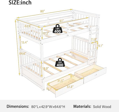 Merax Wood Bunk Bed with Drawers,Convertible Wood Bunk Bed with Ladders and Two Storage Drawers,Solid Wood Detachable Bed Frame with Ladders,Twin Over Twin Size,Espresso