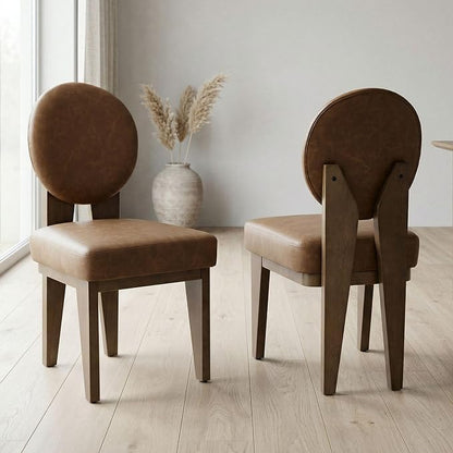 Hyfirm Mid-Century Modern Walnut Dining Chairs Set of 2, Vintage Brown Leather Wooden Kitchen Chairs, Retro Upholstered PU Cushioned Seat with Curved Backrest, Armless Accent Side Chair for Bedroom