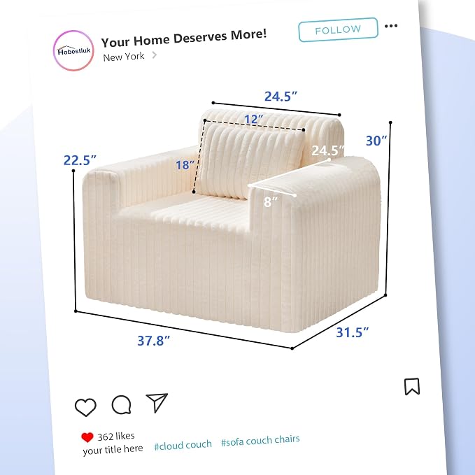 Hobestluk Single Sofa Foam Couch Sofa for Small Spaces Comfy Sofas with Removable Cover Furry Couch with Pillows for Living Room, Bedroom, Apartment, Office (White, Standard)