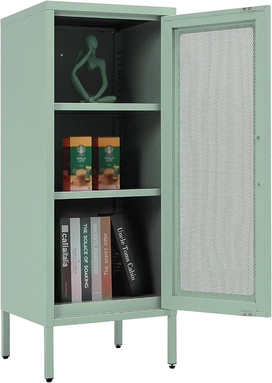 Slim Metal Storage Cabinet with Mesh Doors - 42'' Tall Narrow Organizer Tower, Compact Freestanding Cabinet, Versatile Utility Storage for Home, Office, Kitchen, Living Room, Durable and Modern Design