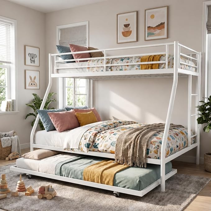 Nuturelly Metal Bunk Bed Twin Over Full with Trundle, Heavy Duty Steel Frame Bunk Bed Frame with Safety Guardrails & Ladder, Space Saving 3 Beds for Kids, Teens, Dorm, White