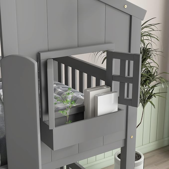 GDFStudio Twin Over Twin House Bunk Bed with Roof,Windows,Door,Window Boxes,Safety Guardrails & Ladder,Pine Wood Frame,Low-Height Kids Bunk Beds for Bedrooms,Playful Loft Bed with Easy Assembly, Grey