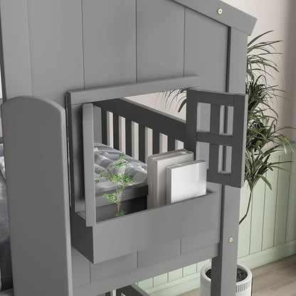 GDFStudio Twin Over Twin House Bunk Bed with Roof,Windows,Door,Window Boxes,Safety Guardrails & Ladder,Pine Wood Frame,Low-Height Kids Bunk Beds for Bedrooms,Playful Loft Bed with Easy Assembly, Grey