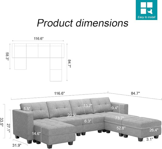 Belffin Modular Storage U-Shape Sectional Sofa Couch with Reversible Chaises 7-seat Sofa with Storage Seat Modular Sectional Sofa Set with Ottomans Modern Fabric Light Grey