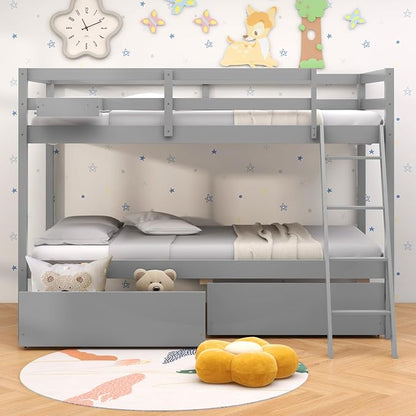 KOTEK Bunk Bed Twin Over Twin with 2 Storage Drawers, Solid Wood Bunk Bed Frame with Storage Cube, Guardrails, Ladder, No Box Spring Needed, Twin Bunk Beds for Kids Teens (Grey)