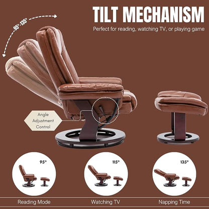 Swivel Recliner Chair with Ottoman Reclining Lounge Sofa Footrest, Set of 2 | 360°Sturdy Wood Base, Soft PU Leather, Upholstered Ultra-Plush Foam, Modern Armchair, Living Room Bedroom Office Reading Home