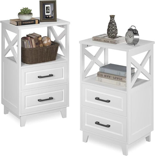 May in Color White Nightstand Set of 2, Tall Side Table, Farmhouse End Table with 2 Large Storage Drawers Cabinet, Wooden Rustic Bedside End Table for Bedroom, Home Office, White