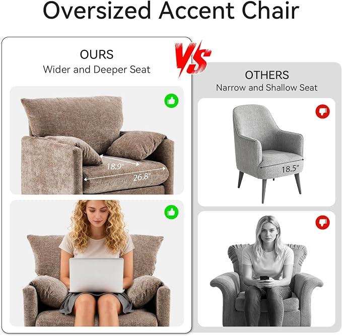 Chenille Oversized Armchair, 34" Wide Accent Chair for Living Room Bedroom Modern Upholstered Lounge Chair Mid-Century Reading Chair Comfy Single Sofa Chair, Brown