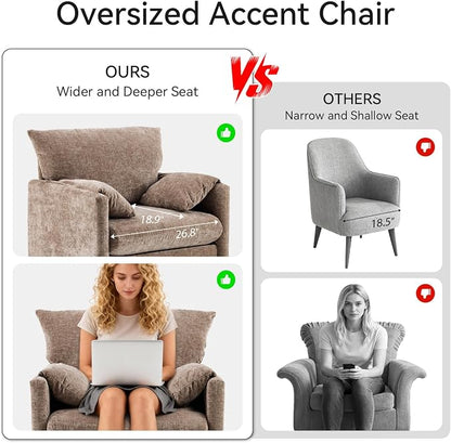 Chenille Oversized Armchair, 34" Wide Accent Chair for Living Room Bedroom Modern Upholstered Lounge Chair Mid-Century Reading Chair Comfy Single Sofa Chair, Brown