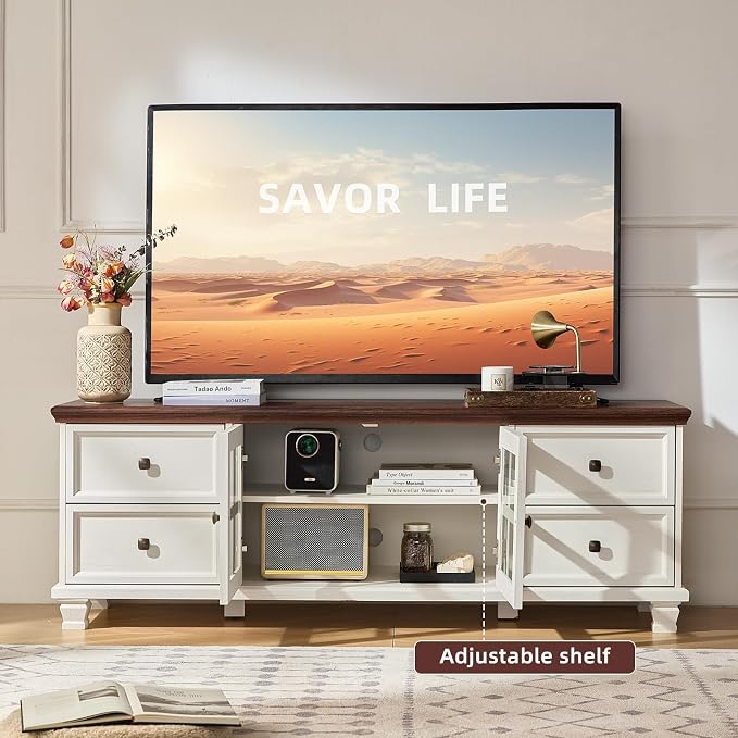 SAVOR LIFE Farmhouse TV Stand and Coffee Table Set 4, Rustic Wood Living Room Table Set with TV Console, Center Table, End Table Set of 2 for Living Room, White