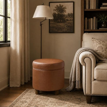 HomePop 19" Round Storage Ottoman - Chestnut Brown Faux Leather