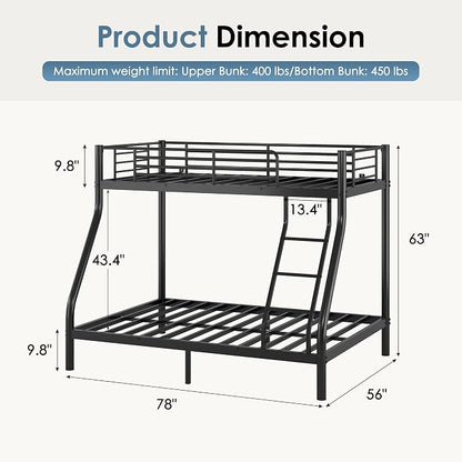 SogeSleep Bunk Beds Twin Over Full Size, More Sturdy Heavy Duty Metal Bunk Bed with Angled Ladder for Teens and Adults, Used for Spaces-Saving, Apartment or Dorm, Noise Free & Easy Assembly, Black