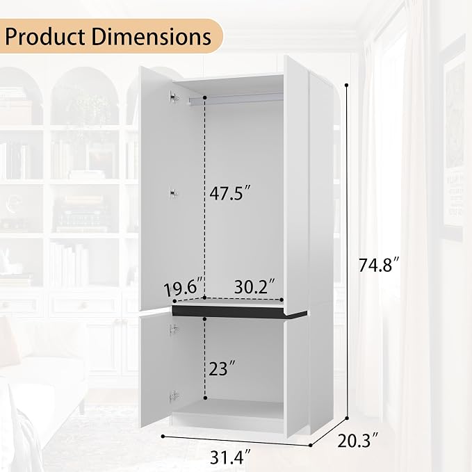 White Armoire Wardrobe Closet: 75" Large Wardrobe Closet with 6 Doors, Modern Bedroom Armoires with Storage Cabinet, Tall Wood Closets for Hanging Clothes