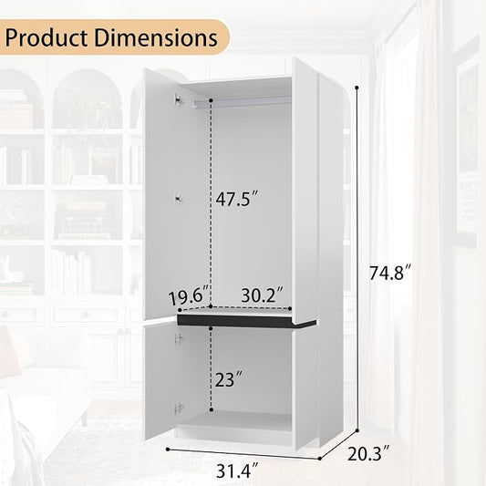 White Armoire Wardrobe Closet: 75" Large Wardrobe Closet with 6 Doors, Modern Bedroom Armoires with Storage Cabinet, Tall Wood Closets for Hanging Clothes