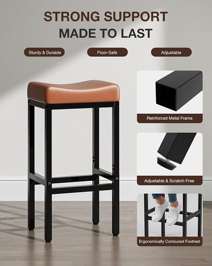 Bar Stools Set of 2-24 Inch Counter Height Chairs for Kitchen Island, Leather Seat with 400 LBS Heavy-Duty Metal Frame and Adjustable Feet, Easy to Assemble for Bar, Café or Dining Room,Brown