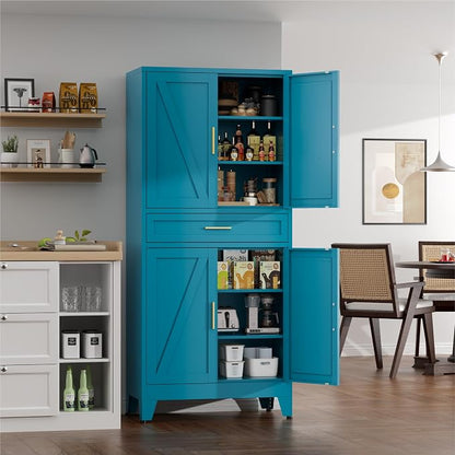 71" Tall Farmhouse Pantry Cabinet,Metal Cabinet with Adjustable Shelves and Doors,Storage Cabinet for Kitchen Garage,Blue 1 Pack