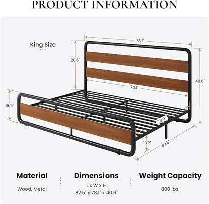 SHA CERLIN King Size Metal Bed Frame with Wooden Headboard and Footboard, Heavy Duty Platform Bed Frame with 10" Under-Bed Storage, Noise-Free, No Box Spring Needed, Vintage Walnut