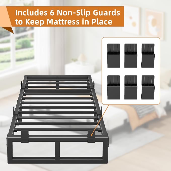 Twin Bed Frames, 12 Inch Metal Platform Bed Frame with Squeak Free U-Slot Design, 6 Non-Slip Guards, 3500lbs Heavy Duty Steel Slat Support, No Box Spring Needed, Under Bed Storage, Black