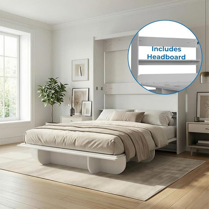 Mjkone Queen Size Wall Murphy Bed with Storage Shelf, Queen Wall Beds Cabinet Murphy Beds with Bookshelf, Top Cabinet Bedframe, Space-Saving Cabinets Beds for Bedroom/Guest Room/Studio/Office - White