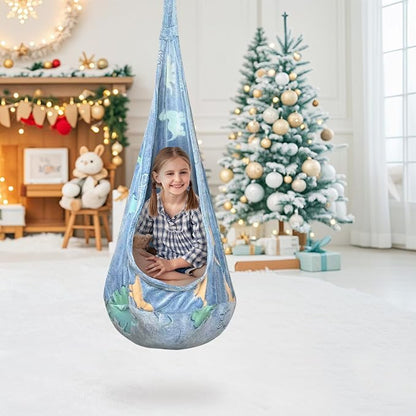 Kids Pod Swing Seat, Flannel Sensory Swing Chair Nightglow with PVC Inflatable Cushion, Hanging Hammock Chair for Indoor＆Outdoor Use (Blue (Dinosaur))