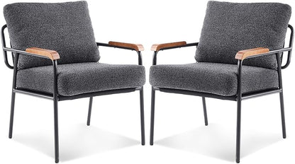 VINGLI Mid-Century Modern Accent Armchiars Set of 2 for Small Space, Small Comfy Upholstered Leisure Reading Chairs with Wood Armrests for Bedroom, Living Room, Waiting Room, Linen Grey