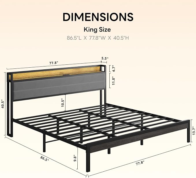 LIKIMIO King Size Bed Frame, Storage Headboard with LED Lights and Charging Station, Metal Platform Bed No Box Spring Needed, Noise Free, Under Bed Storage, Charcoal Gray
