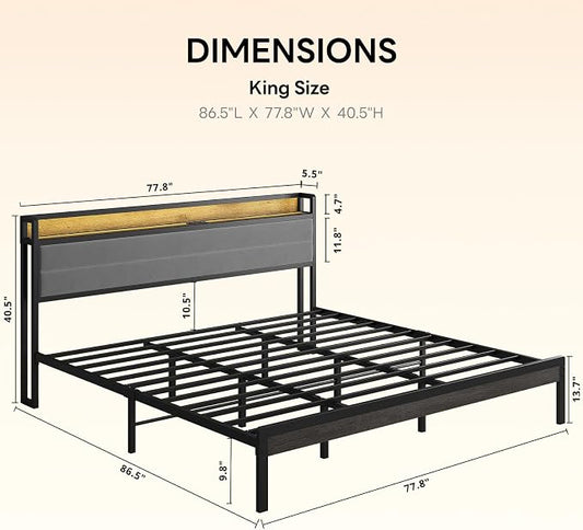 LIKIMIO King Size Bed Frame, Storage Headboard with LED Lights and Charging Station, Metal Platform Bed No Box Spring Needed, Noise Free, Under Bed Storage, Charcoal Gray