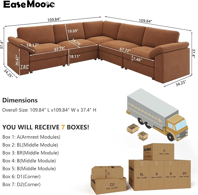 EASE MOOSE Sectional Modular Sofa,Oversized L Shape Sectional Couch Wide Deep Modular Sofa Couch,Brown