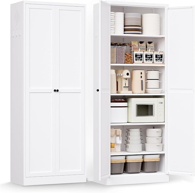 72" Metal Storage Cabinet, Large Capacity Pantry Cabinet with 6-Tier, Kitchen Storage Cabinet with 2 Doors and 5 Adjustable Shelves for Home, Kitchen, Dining, Living Room (White)