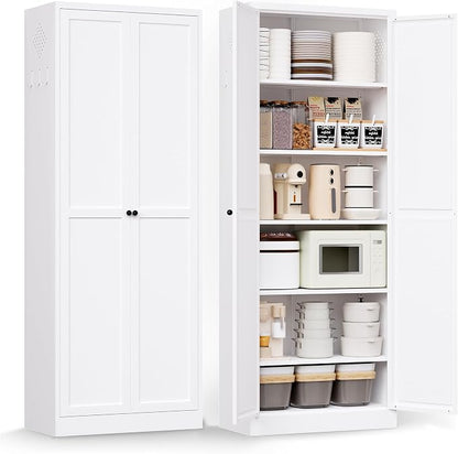 72" Metal Storage Cabinet, Large Capacity Pantry Cabinet with 6-Tier, Kitchen Storage Cabinet with 2 Doors and 5 Adjustable Shelves for Home, Kitchen, Dining, Living Room (White)