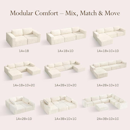 Vesgantti 119" L-Shaped Modular Sectional Sofa, Corduroy Cloud Couch with Deep Seating & Spring Support, Flexible Layout Sofa with Ottoman, Boneless Style, No Assembly Required, Beige